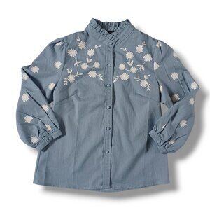 Simplee Womens Top Light Blue Mock Neck Puff Sleeve Folk Blouse Shirt Size XS